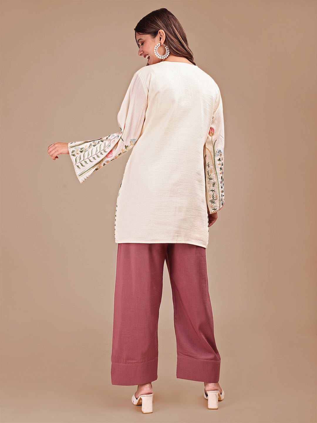 Cream & Rose Colored Embroidered Co-ord Set With Farshi Salwar